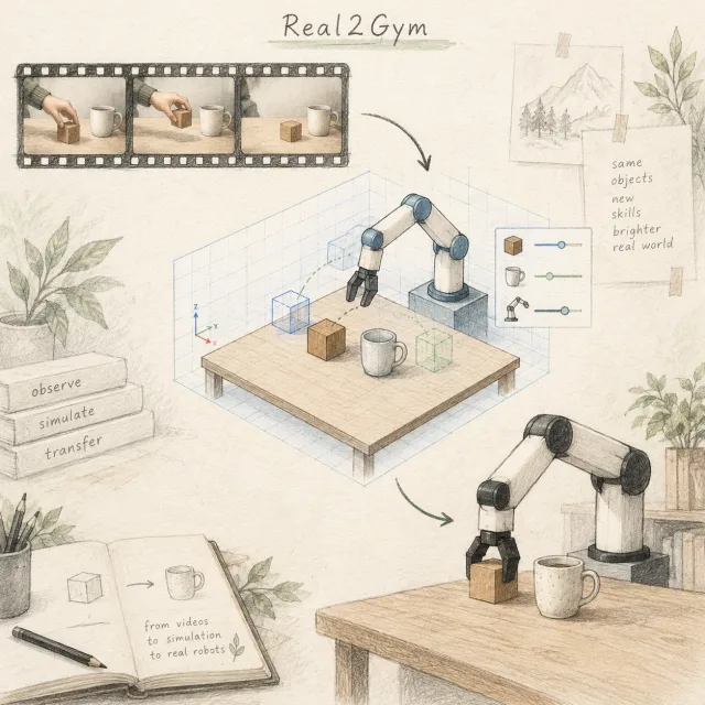 Pencil illustration of video demonstrations becoming a simulation workbench and physical robot skills