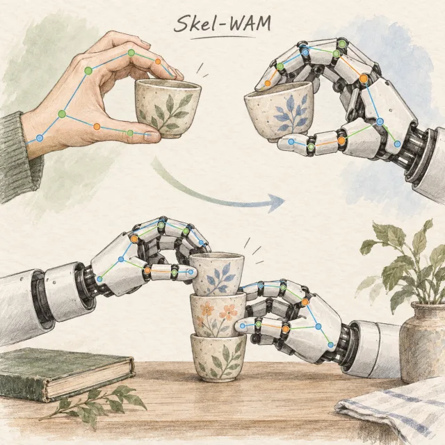 Pencil illustration of shared human and robot hand skeletons transferring cup-stacking skills